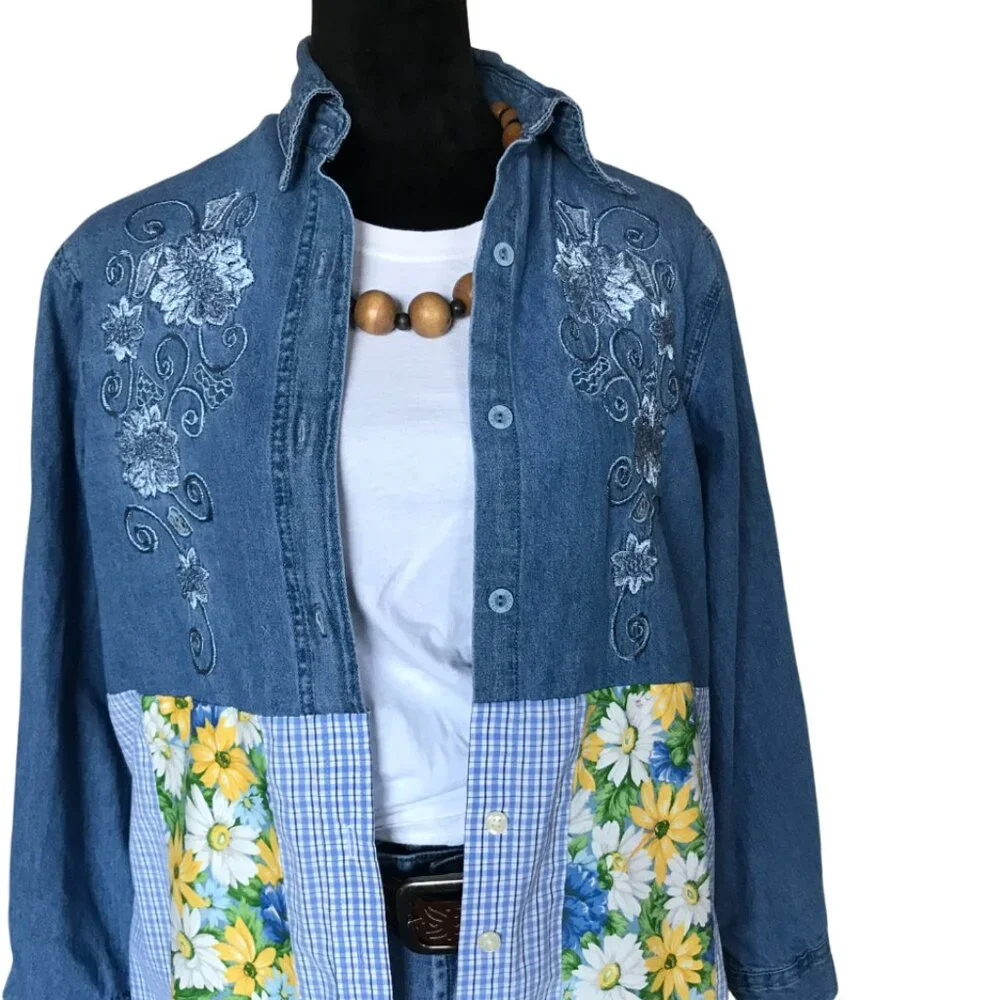 Patchwork Denim Duster, Upcycled Boho Layering Jacket Spring Daisies Size Large - Picture 12 of 14